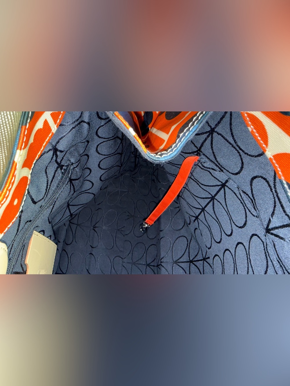 Orla Kiely Retro Lovebirds Orange/Blue Tote with  Waterproof Shell - Picture 9 of 11
